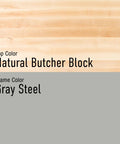 Natural Butcher Block top and Gray Steel frame of 64 Inch Heavy Duty Workbench With Four Adjustable Bench Vises And Twelve Vertical Storage Lockers Top Shelf Maple Hardwood Badass Steel Garage Station Setup.