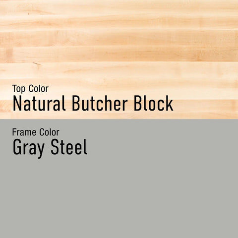 Natural Butcher Block top and Gray Steel frame of 64 Inch Heavy Duty Workbench With Four Adjustable Bench Vises And Twelve Vertical Storage Lockers Top Shelf Maple Hardwood Badass Steel Garage Station Setup.