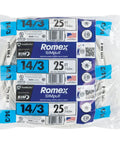 Front view of 25 Foot 14 Gauge 3 Conductor With Ground NM-B Romex SIMpull Residential Indoor Electrical Wire, packaging visible.