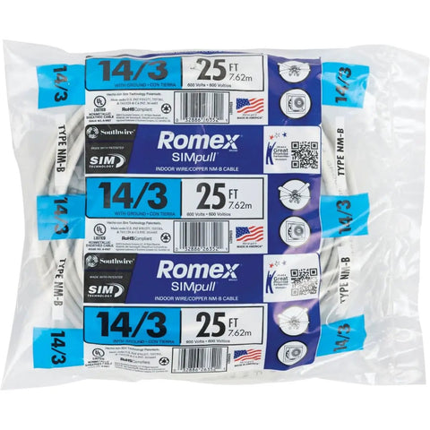 Front view of 25 Foot 14 Gauge 3 Conductor With Ground NM-B Romex SIMpull Residential Indoor Electrical Wire, packaging visible.