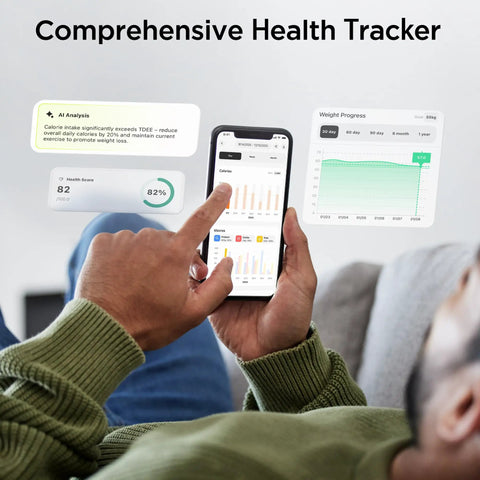 Smart Food Scale With Nutritional Calculator And AI Powered App For Calorie And Macro Tracking, showing AI insights on phone screen