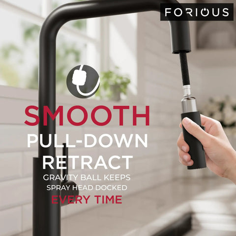 FORIOUS Kitchen Faucet with Pull Down Sprayer, Black High U-Spout showing smooth retractable spray head in use.