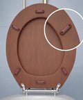 Brown Silicone Toilet Seat Bumpers Set Of 8 Replacement Cushions visible on a wooden seat, highlighting oblong bumpers.