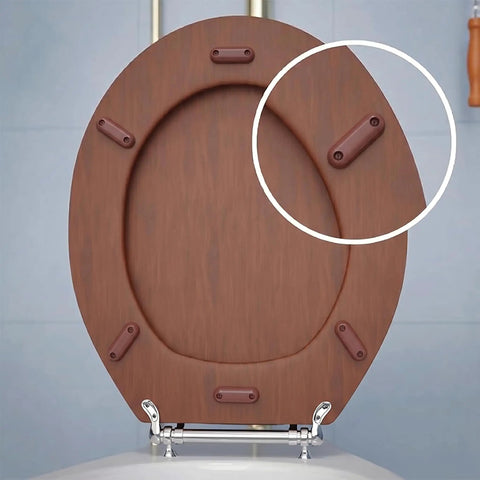 Brown Silicone Toilet Seat Bumpers Set Of 8 Replacement Cushions visible on a wooden seat, highlighting oblong bumpers.