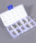 Headless Grub Screw Set Kit 200 Pack With M5 Hex Socket And M8 Stainless Steel Flat Point Fasteners For Locating Pulleys And Gears All In One Heavy Duty High Tensile Strength Metric Bolts, open organizer box with assorted screws