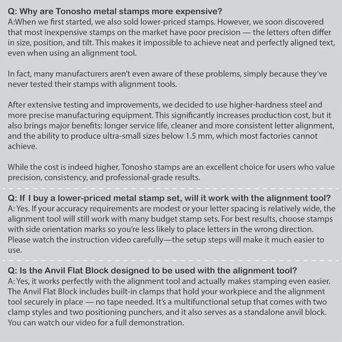Product FAQ section of Tonosho metal stamps discussing benefits, pricing, alignment tools, and the use of Anvil Flat Block.