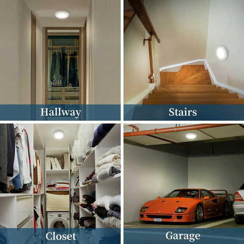 Battery Powered Closet Lights With Motion Sensor And Photocell Cordless LED Night Light Wireless Ceiling Light for hallway, stairs, closet, garage.