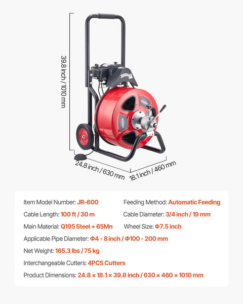 Full Throttle Auto Feed Sewer Snake Auger 100 Ft Steel Cable with automatic feeding for clearing tough drain clogs.