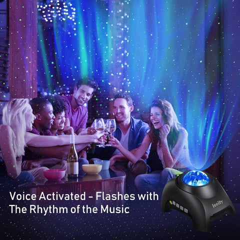 Group enjoying Star Projector For Bedroom With Remote, Aurora Northern Lights Show, Bluetooth Speaker, and ambiance lighting.