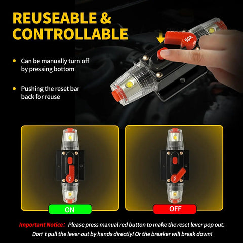 50 Amp Manual Reset DC Circuit Breaker Weatherproof Inline Fuse Holder For 12 To 48 Volt Systems With 3 15 AWG Leads Overload Protection For Car Audio Amp RV Boat Marine Truck Solar Pack Of 2 showing ON/OFF reset lever