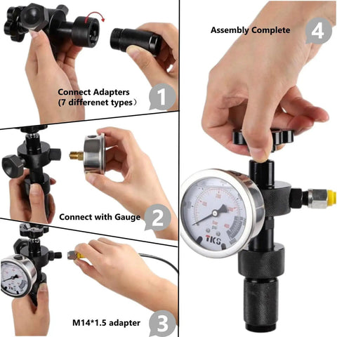 7 In 1 Hydraulic Nitrogen Pressure Test Kit With 3 Gauges, 7 Couplings And 1 Gas Hose For Excavators, High-Pressure Nitrogen Accumulator Charging Set, Built Like A Tank From 304 Stainless Steel, Easy To Use, Safe And Reliable