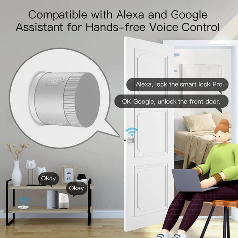 Person using voice control for Smart Front Door Lock With Keyless Entry For Existing Deadbolt, Alexa And Google Assistant Compatible