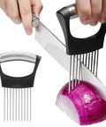 Onion Holder Slicer And Multifunction Kitchen Cutter for Vegetables with stainless steel forks slicing red onion, ergonomic no-slip grip.