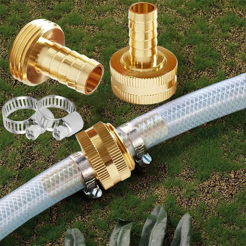 2 Pack Solid Brass Hose End Connector Kit One Half Inch Barb To Three Quarters Inch GHT Female Splicer Repair Fittings With Stainless Steel Clamps for garden hose repair