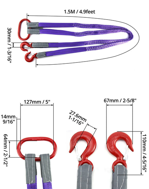 Diagram showing dimensions of Beefy Heavy Duty Lifting Slings With Hooks 5 Ft 2 Pack Polyester Webbing Rigging Straps