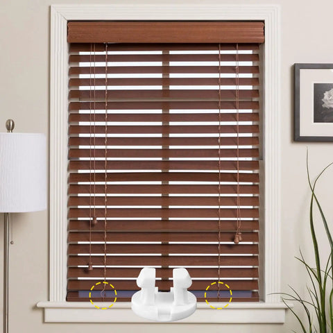 Premium White Bottom Rail Cord Cover Buttons For Horizontal Blinds Swap Out Worn Tape Lock Plugs displayed with wooden blinds.