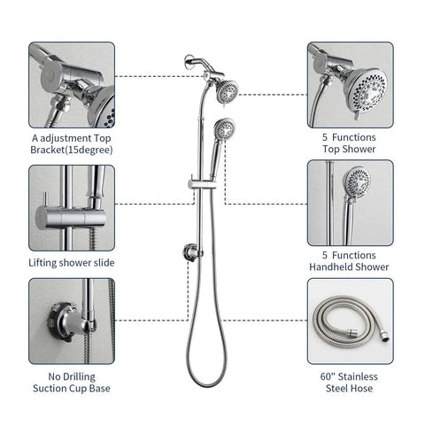 Two In One Handheld And Overhead Shower Head System In Chrome With Five Modes Four Inch And Four Inch Dual Shower Heads Liftable No Drill Install Sixty Inch Stainless Steel Hose diagram with features labeled.