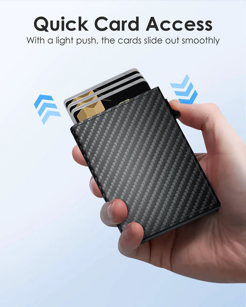 Person holding RFID Blocking Wallet For Men With Pop Up Card Holder And Trifold Slim Design For Front Pocket Holds 9 To 11 Cards Plus ID Window