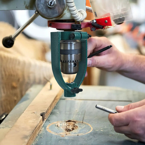 Drill Press Stand With Square Tenon Converter Drill Press Adapter For Handheld Guides And Straight Hole Drilling Portable Log Tenon Cutter 55mm Sleeve Fitting For DIY Woodworking Projects in use on workbench