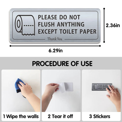 Two Pack Do Not Flush Anything Except Toilet Paper Sign For Bathrooms, showing size and installation steps on waterproof PVC