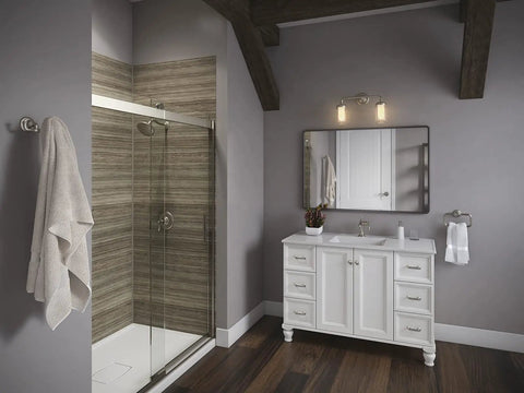 Bathroom with Two Light Wall Sconce In Vibrant Brushed Nickel From The Artifacts Collection Dope Look