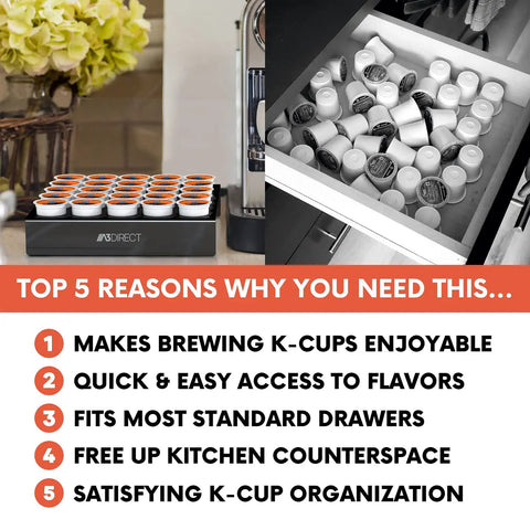 Open drawer showing K Cup Drawer Organizer For Keurig Pods 25 Slot Holder in use with pods arranged neatly inside.