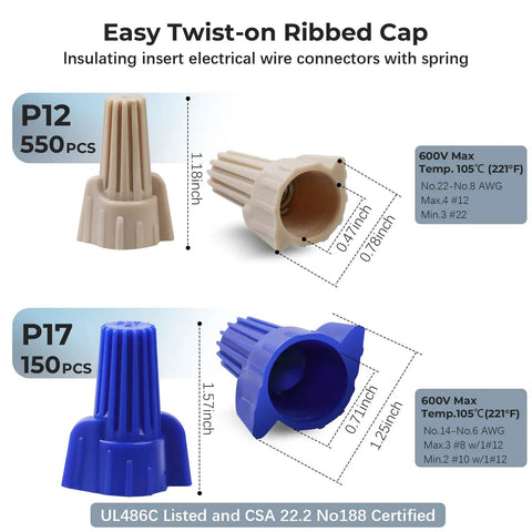 Tan Winged Wire Connectors 550 Pcs Pack For 22 8 AWG Twist On Screw On Type Connectors P12 Terminals with blue P17 connectors