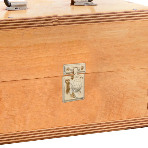 Wooden box with Two-Pack Heavy Duty Jewelry Box Latch With Decorative Turtle Lock Buckle, showcasing sturdy iron hardware.