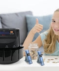 Top Shelf Electric Coin Counter And Sorter Machine That Handles Quarter Dime Nickel Penny And Dollar Bills With A Bright Digital Display and 50 Roll Wrappers.