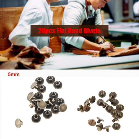 Forty Brass Flat Head Button Studs Feature Screw On Chicago Screws Ideal For Rugged Leather Belt Bag Shoes And Bookbinding Work Gives Badass Grip Quality With Slick Rust Shield Plating Comes In 5 6 5 And 8 Mm Fits 5mm size flat head rivets displayed on a work table.