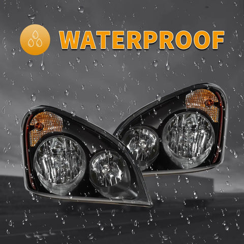 Pair Black Housing Headlights For Freightliner Cascadia 2008 2016 With All Bulbs Included Waterproof IP65 overlayed with raindrops
