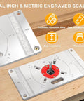 Rock Solid Workhorse Aluminum Router Table Insert Flip Plate With Four Bold Red Center Rings And Precision Mounting Kit close-up showing dual inch and metric scales.