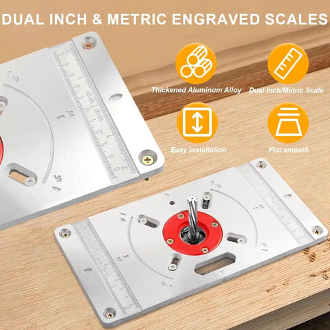 Rock Solid Workhorse Aluminum Router Table Insert Flip Plate With Four Bold Red Center Rings And Precision Mounting Kit close-up showing dual inch and metric scales.