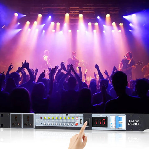 Heavy Duty Audio Power Conditioner With Ten Outlets And Usb Charging Ports, showcased at a live concert with vibrant lighting.