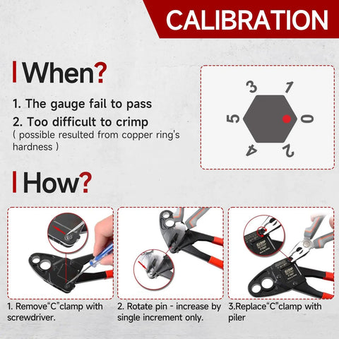 Angle Head PEX Crimping Tool for Copper Rings 1/2 and 3/4 Inch IWS-1234C calibration guide showing steps to adjust crimp tool