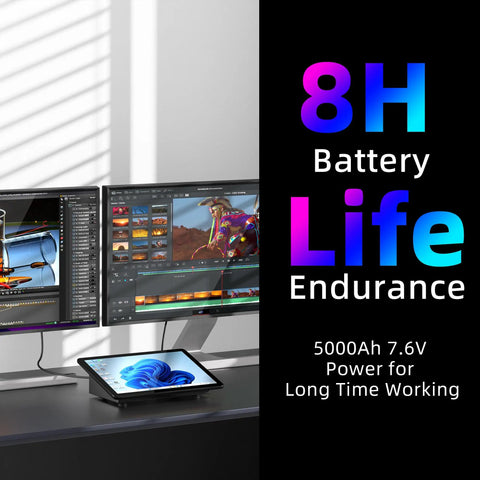 Built Rough For The Daily Grind This 10.1 Inch Rugged Industrial Touch Tablet Runs Windows 11 Pro With Intel Celeron To Crush Heavy Automation Tasks Without Skipping A Beat showing 8H battery life and dual monitor setup.