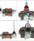 Front and side views of One Spool Hydraulic Directional Control Valve for Tractors, Loaders and Tanks, Double Acting, 11 GPM Flow at 3600 PSI, With SAE Ports, Durable Cast Iron Construction for Heavy Duty Hydraulic Systems