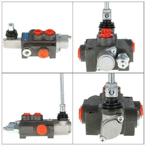 Front and side views of One Spool Hydraulic Directional Control Valve for Tractors, Loaders and Tanks, Double Acting, 11 GPM Flow at 3600 PSI, With SAE Ports, Durable Cast Iron Construction for Heavy Duty Hydraulic Systems