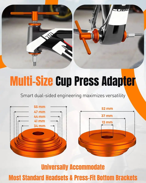 Beefy Pro Grade Bike Headset Press Tool For One And One Eighth Inch Systems with multi-size cup press adapter details