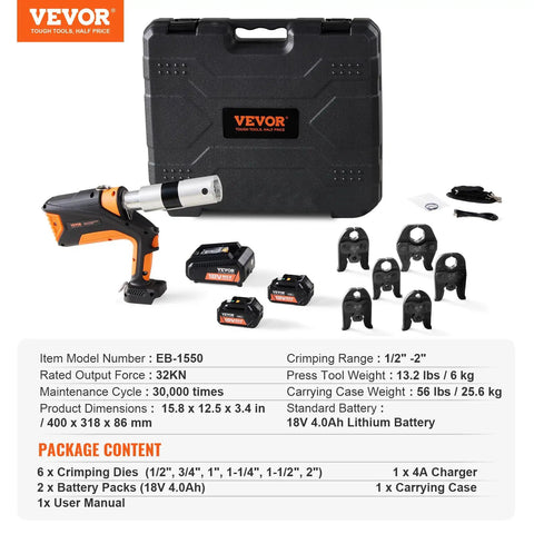 Tough As Nails 18V Cordless Electric Pipe Crimping Tool For One Half To Two Inch Copper Plumbing Connections With Brushless Motor And 360 Degree Rotating Jaw Set Compatible With Propress with carrying case and batteries.
