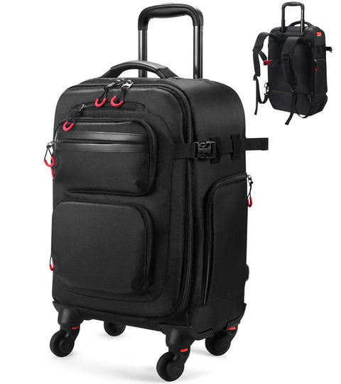 Underseat Roller Backpack With Wheels That Pass Airline Size Rules 18x14x8, water-resistant, backpack mode shown.