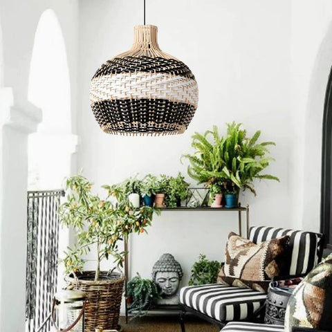 Boho Rattan Pendant Light for Kitchen Island Handmade Woven Chandelier in Black and White, displayed in coastal living room.