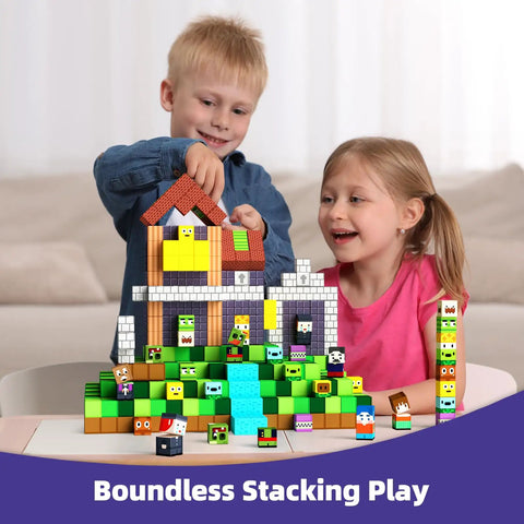 Children playing with Magnetic Building Blocks Set For Kids 3 To 8, 100 Piece Colorful STEM Toys With Magnetic Cubes.