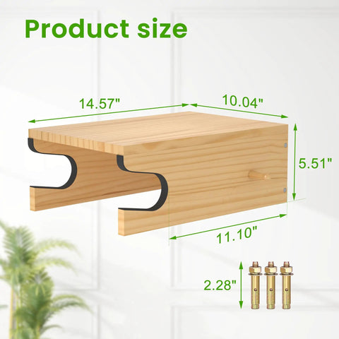 Wood Bike Wall Mount With Shelf And Hooks dimensions and hardware shown, including 14.57 x 10.04 x 5.51 inches, bolts included.