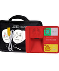XFT AED Trainer red training defibrillator with chest pads and cables in black carrying case