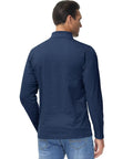 Back view of a man wearing Mens Quarter Zip Fleece Pullover With Micro Fleece Lining Lightweight Moisture Wicking Four Way Stretch Long Sleeve Sweatshirt For Fall And Winter Casual Golf Style Jumper With Cozy Wind Blocking Layer Blue