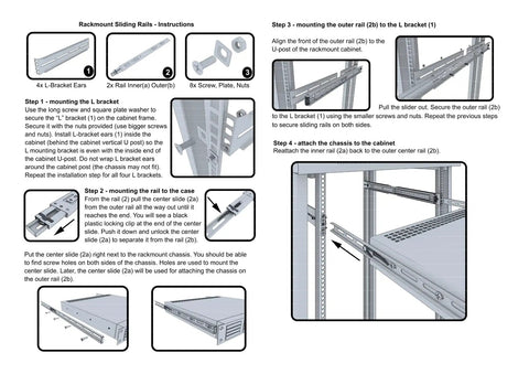 Installation instructions for Heavy Duty Rackmount Sliding Rails Kit For 2U To 8U Server Racks with detailed steps.