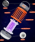 Exploded view of Two Pack Solar Bug Zapper For Outdoor Patio Waterproof Mosquito Zappers 3 In 1 Cordless Rechargeable Mosquito Repellent Flashlight Indoor Killer Orange showcasing parts like the solar panel, handle, and power grid.