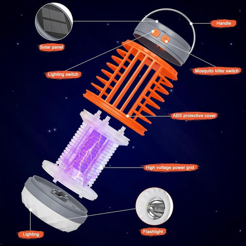 Exploded view of Two Pack Solar Bug Zapper For Outdoor Patio Waterproof Mosquito Zappers 3 In 1 Cordless Rechargeable Mosquito Repellent Flashlight Indoor Killer Orange showcasing parts like the solar panel, handle, and power grid.