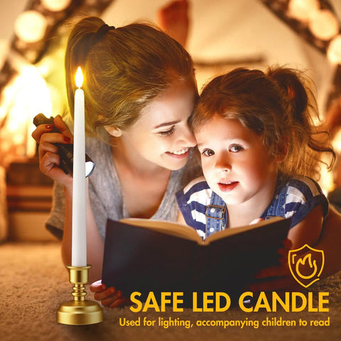 24 Pack Flameless Taper Candles With Remote Control And Timer Realistic 3D Flickering LED Flame White Tapers With Gold Bases Battery Operated For Holidays Weddings And Home Decor with child reading